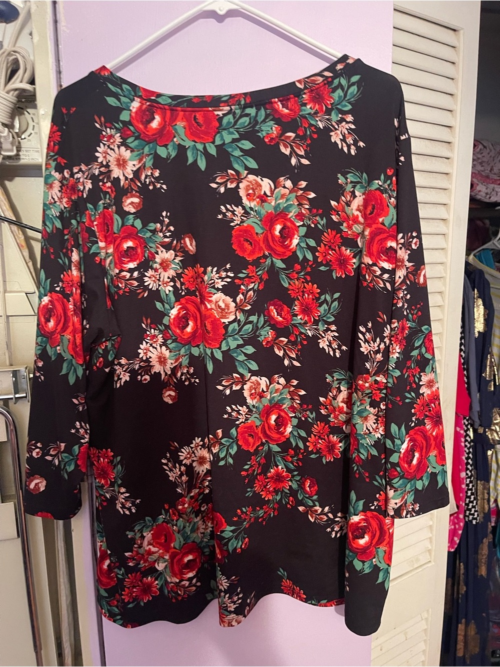 Floral V-Neck Women's Top - Black with Red Rose Print - Picture 2 of 3